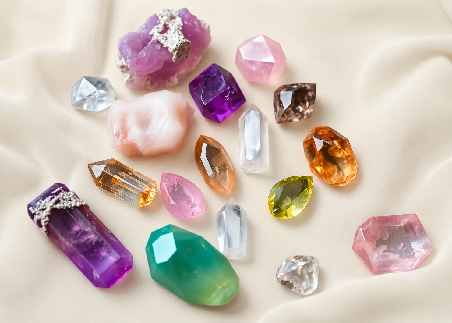 Healing crystals on green velvet